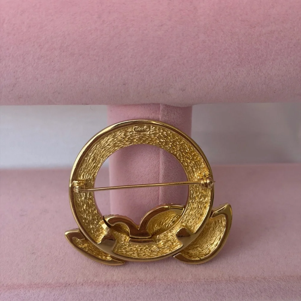 Vintage CHRISTIAN DIOR Large Gold Plate Pin Brooch Rhinestone Abstract Brooch 2" - Picture 4 of 5